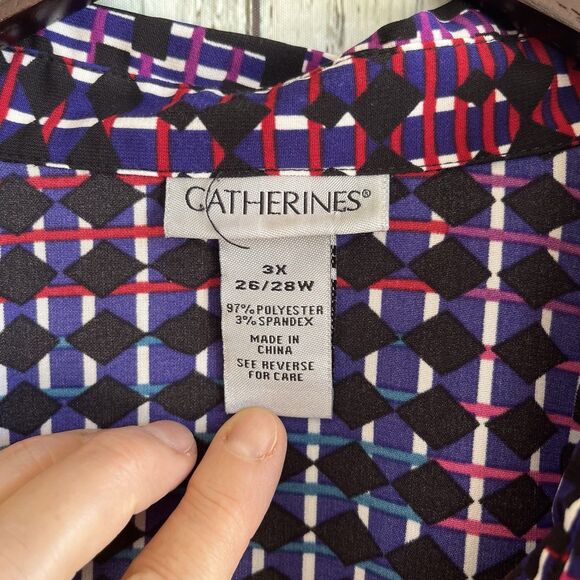 Catherines Womens Dark Geometric Button Up Top Size 3X 3/4 Sleeve Stretch Office - Picture 8 of 11